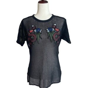 SANDRO black top  / t shirt black mesh cotton crew neck size M